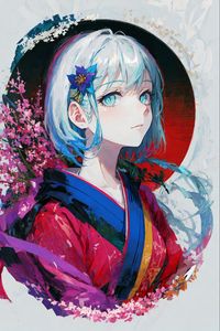 Preview wallpaper girl, flowers, kimono, paint, anime