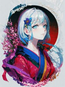 Preview wallpaper girl, flowers, kimono, paint, anime