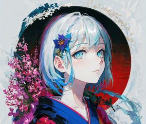 Preview wallpaper girl, flowers, kimono, paint, anime