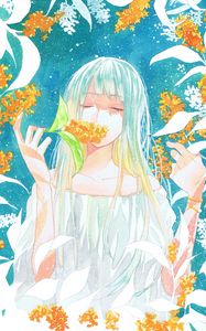 Preview wallpaper girl, flowers, leaves, watercolor, anime