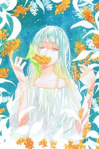 Preview wallpaper girl, flowers, leaves, watercolor, anime