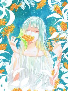 Preview wallpaper girl, flowers, leaves, watercolor, anime