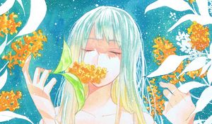 Preview wallpaper girl, flowers, leaves, watercolor, anime