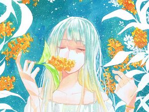 Preview wallpaper girl, flowers, leaves, watercolor, anime