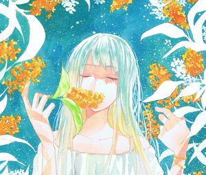 Preview wallpaper girl, flowers, leaves, watercolor, anime