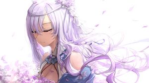 Preview wallpaper girl, flowers, petals, anime, purple