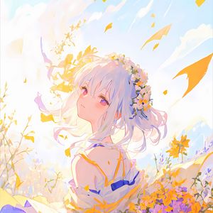 Preview wallpaper girl, flowers, petals, light, anime