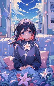 Preview wallpaper girl, flowers, sofa, window, anime