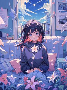 Preview wallpaper girl, flowers, sofa, window, anime