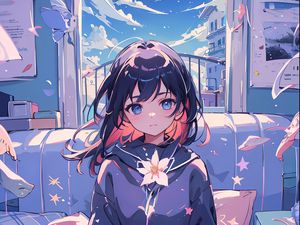 Preview wallpaper girl, flowers, sofa, window, anime