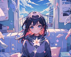 Preview wallpaper girl, flowers, sofa, window, anime