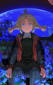 Preview wallpaper girl, flowers, spaceship, anime, art