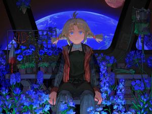 Preview wallpaper girl, flowers, spaceship, anime, art
