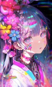 Preview wallpaper girl, flowers, sparkles, body art, anime