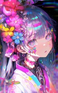 Preview wallpaper girl, flowers, sparkles, body art, anime