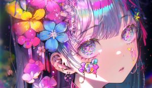 Preview wallpaper girl, flowers, sparkles, body art, anime