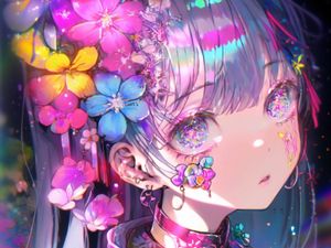 Preview wallpaper girl, flowers, sparkles, body art, anime