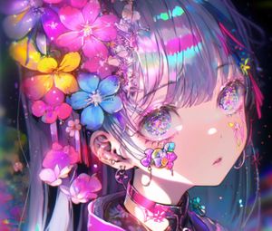 Preview wallpaper girl, flowers, sparkles, body art, anime