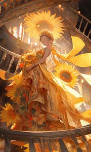 Preview wallpaper girl, flowers, sunflowers, stairs, anime