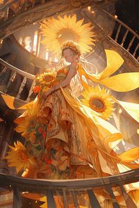 Preview wallpaper girl, flowers, sunflowers, stairs, anime