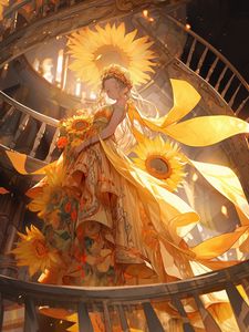 Preview wallpaper girl, flowers, sunflowers, stairs, anime