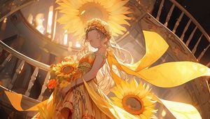 Preview wallpaper girl, flowers, sunflowers, stairs, anime