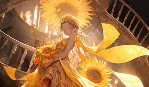 Preview wallpaper girl, flowers, sunflowers, stairs, anime