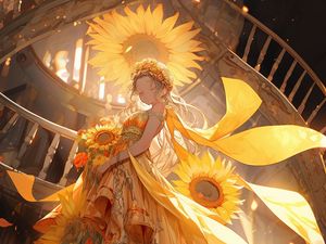 Preview wallpaper girl, flowers, sunflowers, stairs, anime