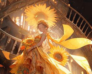 Preview wallpaper girl, flowers, sunflowers, stairs, anime