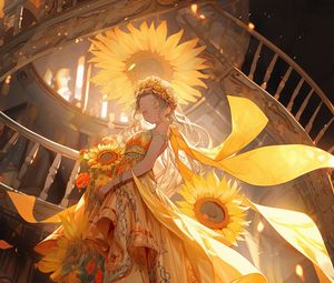 Preview wallpaper girl, flowers, sunflowers, stairs, anime