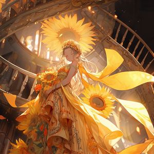 Preview wallpaper girl, flowers, sunflowers, stairs, anime