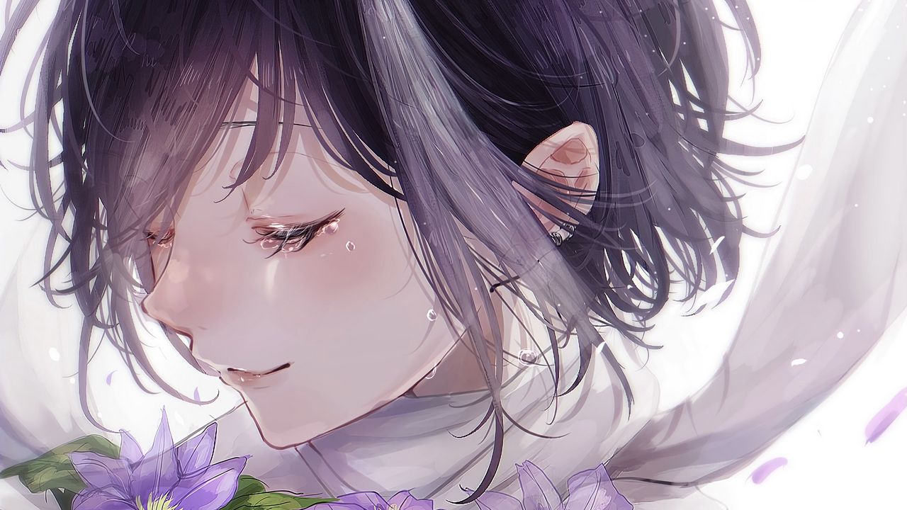 Wallpaper girl, flowers, tears, sad, anime, art