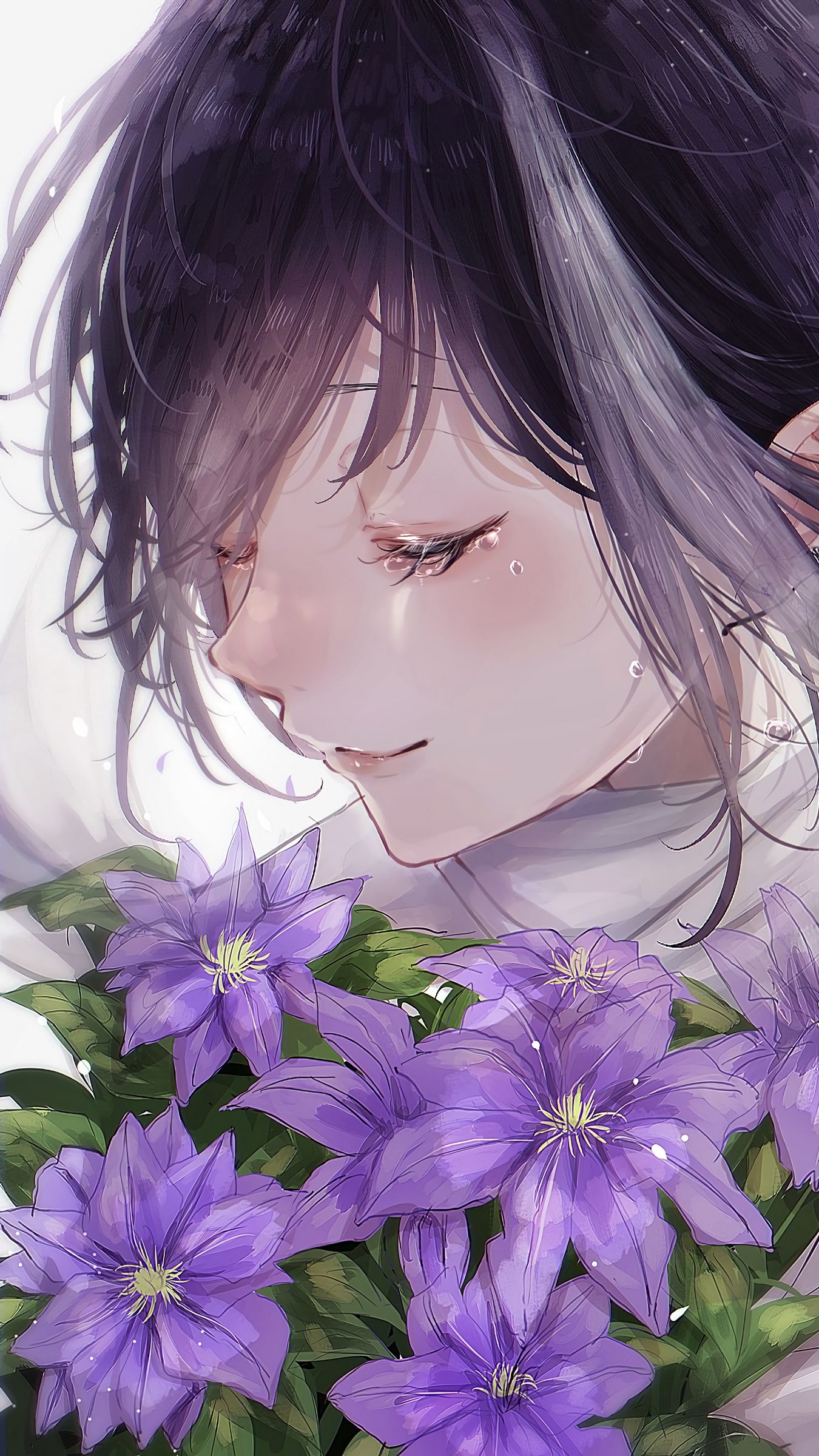 Download wallpaper 1350x2400 girl, flowers, tears, sad, anime, art iphone  8+/7+/6s+/6+ for parallax hd background