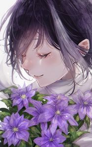 Preview wallpaper girl, flowers, tears, sad, anime, art