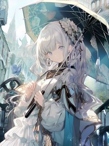 Preview wallpaper girl, flowers, umbrella, anime