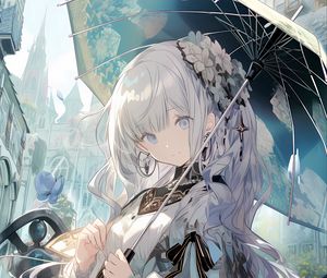 Preview wallpaper girl, flowers, umbrella, anime