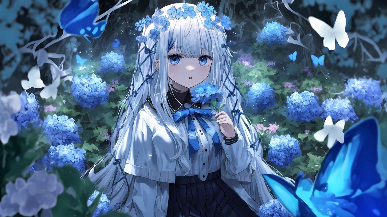 Wallpaper girl, flowers, wreath, blue, anime