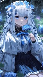 Preview wallpaper girl, flowers, wreath, blue, anime