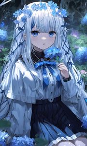 Preview wallpaper girl, flowers, wreath, blue, anime