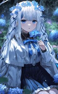 Preview wallpaper girl, flowers, wreath, blue, anime