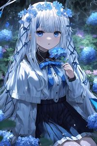 Preview wallpaper girl, flowers, wreath, blue, anime