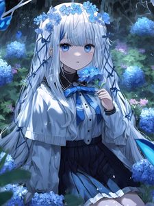 Preview wallpaper girl, flowers, wreath, blue, anime