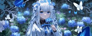 Preview wallpaper girl, flowers, wreath, blue, anime