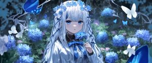 Preview wallpaper girl, flowers, wreath, blue, anime