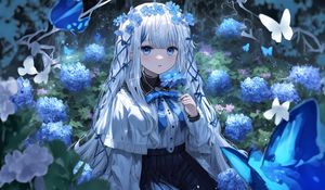 Preview wallpaper girl, flowers, wreath, blue, anime