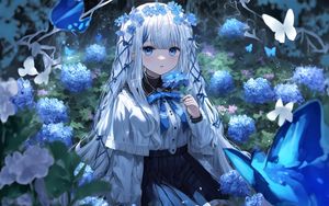 Preview wallpaper girl, flowers, wreath, blue, anime