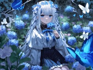 Preview wallpaper girl, flowers, wreath, blue, anime