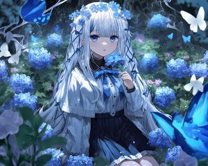 Preview wallpaper girl, flowers, wreath, blue, anime