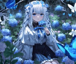 Preview wallpaper girl, flowers, wreath, blue, anime