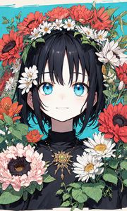 Preview wallpaper girl, flowers, wreath, decoration, anime